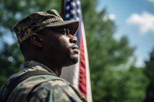 Amerikaans soldaat portret, ons vlag achtergrond. generatief ai foto