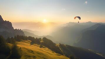 paragliden. een paraglider vliegt over- een berg landschap. ai gegenereerd. foto