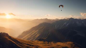 paragliden. een paraglider vliegt over- een berg landschap. ai gegenereerd. foto