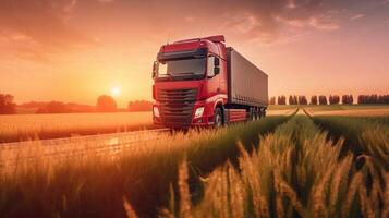 modern Europese vrachtauto rijden Aan een snelweg Bij zonsondergang. modern vervoer technologie. rood vrachtwagen in een stormloop. toekomst logistiek. ai gegenereerd. foto