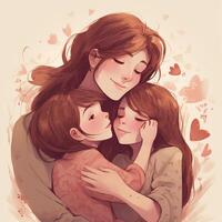 ai gegenereerd moeder dag speciaal, moeder knuffels haar kinderen, tonen liefde en geluk foto
