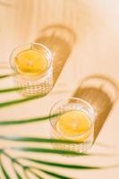 glas water met citroen op pastel achtergrond met tropische palmbladeren