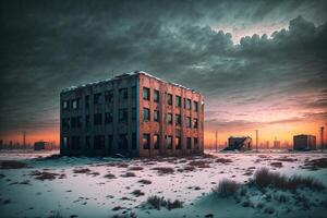 ver weg achtergrond verlaten Sovjet gebouw door ai gegenereerd foto
