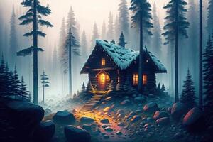 een cabine in de bossen met een licht Aan Bij de einde van de nacht in de mistig Woud door ai gegenereerd foto