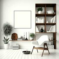 modern hedendaags luxe interieur ontwerp, een combinatie van wit muur kleur, blanco poster en houten boekenplank, en comfortabel stoel. 3d renderen van de studie kamer of bibliotheek. foto