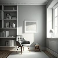 modern hedendaags luxe interieur ontwerp, een combinatie van grijs muur kleur en houten kleurrijk boekenplank, en comfortabel stoel. generatief ai digitaal illustratie. foto