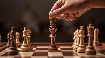 detailopname hand- van menselijk nemen De volgende stap Aan schaak spel. strategie, beheer of leiderschap concept. generatief ai technologie. foto