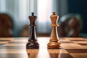 onmogelijk situatie - twee schaak stukken van koningen De volgende naar elk andere Aan schaakbord, spel wedstrijd uitdaging in voortgang. concept van bedrijf en strategie ideeën. generatief ai. foto