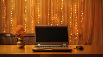 een laptop verbonden muis met bloem pot Aan tafel top Bij gouden verlichting versierd kamer voor diwali of bruiloft viering prefect ontwerp generatief ai technologie. foto