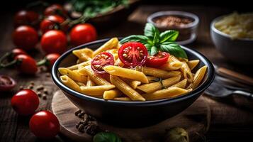 detailopname foto van Italiaans penne pasta toppings met kaas, tomaten en basilicum Aan donker houten tafel. generatief ai.