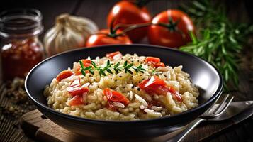 smakelijk risotto schotel kom met ingrediënten Aan glimmend houten tafel. detailopname schoten generatief ai technologie. foto