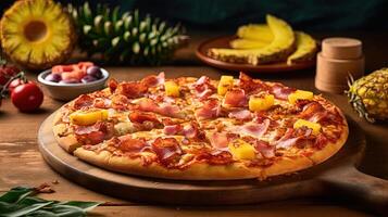 presenteren een hawaiiaans pizza met verschillend fruit Aan rustiek houten tafel, detailopname. generatief ai. foto