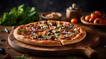 heerlijk opperste pizza toppings geladen met extra vers ingrediënten Aan houten snijdend bord. voedsel fotografie, generatief ai. foto