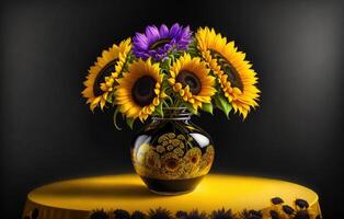 geel zonnebloemen en Purper bloemen Aan een tafel top De volgende naar een zwart achtergrond door ai gegenereerd foto