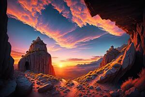 versmallen pad gaan naar een rotsachtig grot onder de verbijsterend lucht Bij zonsondergang door ai gegenereerd foto