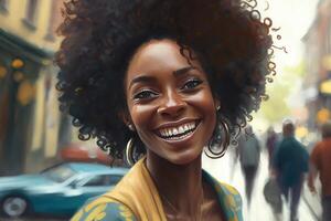 gelukkig glimlachen jong Afrikaanse Amerikaans vrouw, generatief ai foto