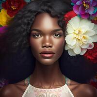 portret van sensueel zwart vrouw met bloemen in haar, ai gegenereerd foto