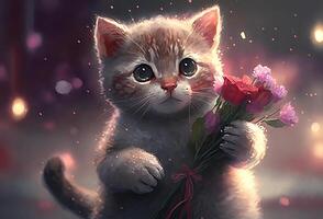 illustratie van een schattig roze katje Holding een boeket van bloemen , generatief ai foto