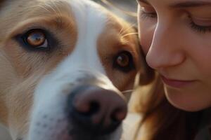 een oog naar oog afbeelding tussen een puppy en zijn eigenaar meisje generatief ai foto