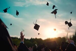 een groep van studenten het werpen diploma uitreiking petten in de lucht generatief ai foto