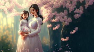 moeder en dochter, mooi bloemen achtergrond, gelukkig moeders dag concept . generatief ai foto