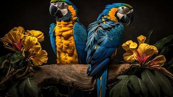 kleurrijk paar- van papegaaien zittend Aan Afdeling tussen doorbladert tropisch regenwoud , bloemen in de achtergrond, 3d renderen ongelooflijk gedetailleerd. foto