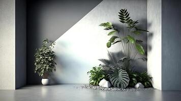 3d realistisch vector kamer interieur met ingemaakt planten Aan de vloer. ai generatief. foto