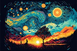 een kleurrijk schilderij van een landschap met bergen, bomen, maan en sterren. generatief ai illustratie dat parodieën busje van gogh artistiek stijl. foto