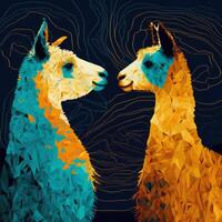 een paar van schattig lama en alpaca staand De volgende naar elk ander. abstract generatief ai illustratie in levendig triadisch kleur regeling. foto