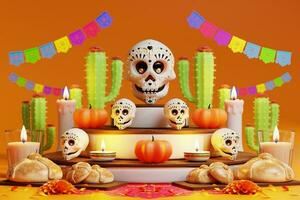 3d renderen voor dag van de dood, dia de Muertos altaar concept. samenstelling van schattig suiker schedels, wit kaarsen, goudsbloem bloemen, pan de muerto, cactus, gitaar van de dood. 3d illustratie foto