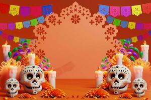 3d renderen voor dag van de dood, dia de Muertos altaar concept. samenstelling van schattig suiker schedels, wit kaarsen, goudsbloem bloemen, pan de muerto, cactus, gitaar van de dood. 3d illustratie foto