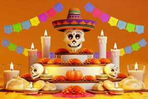3d renderen voor dag van de dood, dia de Muertos altaar concept. samenstelling van schattig suiker schedels, wit kaarsen, goudsbloem bloemen, pan de muerto, cactus, gitaar van de dood. 3d illustratie foto