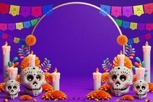 3d renderen voor dag van de dood, dia de Muertos altaar concept. samenstelling van schattig suiker schedels, wit kaarsen, goudsbloem bloemen, pan de muerto, cactus, gitaar van de dood. 3d illustratie foto