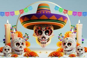 3d renderen voor dag van de dood, dia de Muertos altaar concept. samenstelling van schattig suiker schedels, wit kaarsen, goudsbloem bloemen, pan de muerto, cactus, gitaar van de dood. 3d illustratie foto