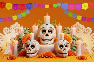 3d renderen voor dag van de dood, dia de Muertos altaar concept. samenstelling van schattig suiker schedels, wit kaarsen, goudsbloem bloemen, pan de muerto, cactus, gitaar van de dood. 3d illustratie foto