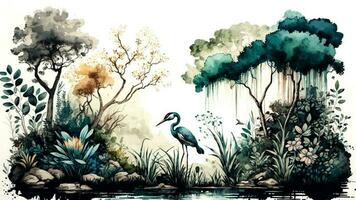 water kleur behang van Woud landschap met meer, planten, bomen. ai-gegenereerd foto