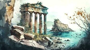 wijnoogst waterverf landschap, de ruïnes van een oude Romeins beschaving met vogelstand van de marinier omgeving, door de zee. kleur olie schilderen, ai-gegenereerd, digitaal illustratie. foto