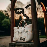 luxe Dames wit tote tas, bloemen en vlinders ontwerp, mooi zen tuin. zonsondergang tijd. foto