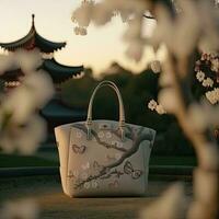 luxe Dames wit tote tas, bloemen en vlinders ontwerp, mooi zen tuin. zonsondergang tijd. foto