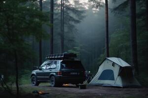 ai gegenereerd mensen wie Doen auto camping van uit van degenen dagelijks leven foto