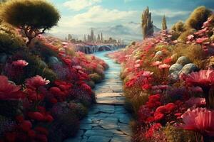 ai gegenereerd hyperrealistisch een pad vol van bloemen achtergrond foto