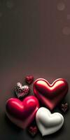 3d veroorzaken, glanzend kleurrijk harten vormen Aan houtskool achtergrond. Valentijnsdag dag concept. foto