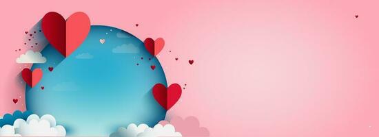 3d veroorzaken, rood papier besnoeiing hart vormen met blauw ronde vorm geven aan, wolken Aan pastel roze achtergrond en kopiëren ruimte voor liefde of Valentijn concept foto