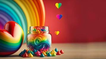 Valentijn of liefde concept met harten met kolken pot Aan regenboog stijl illustratie. 3d veroorzaken. foto