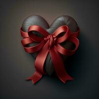 3d veroorzaken, grijs hart vorm verpakt met rood zijde lintje. foto