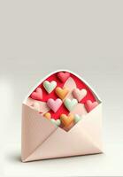 3d veroorzaken, kleurrijk harten binnen envelop Aan pastel grijs achtergrond. foto