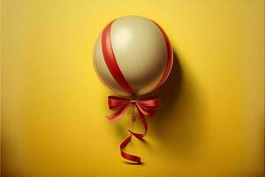 realistisch glanzend ballon met rood lint tegen geel achtergrond. 3d veroorzaken. foto