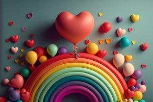 3d geven van kleurrijk ballonnen en harten versierd regenboog vorm illustratie. foto