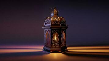 realistisch verlichte Arabisch lantaarn Aan Purper en gouden achtergrond. Islamitisch religieus concept. 3d veroorzaken. foto