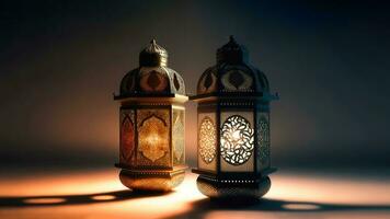 3d geven van realistisch verlichte Arabisch lantaarns Aan donker achtergrond. Islamitisch religieus concept. foto